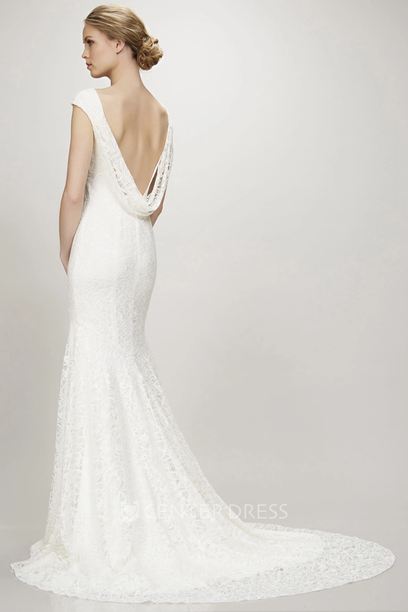V-Neck Floor-Length Cap-Sleeve Lace Wedding Dress With Court Train And V Back
