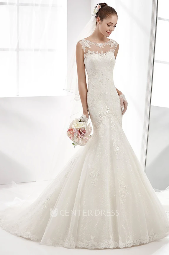 Jewel-Neck Mermaid Sheath Gown With Illusive Neckline And Back