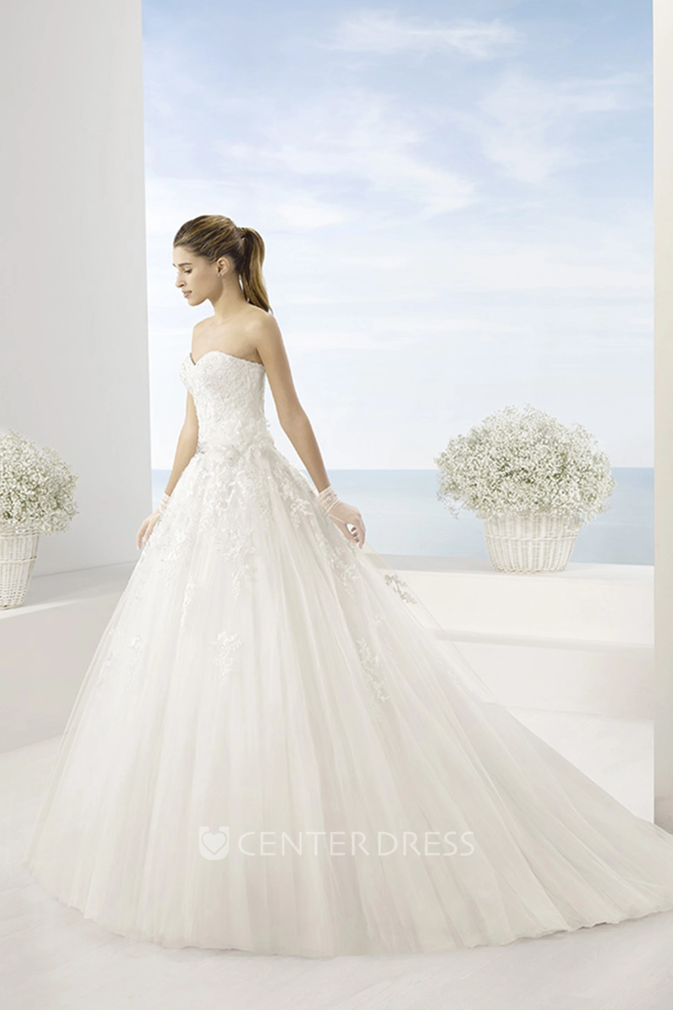 Ball Gown Jeweled Floor-Length Sweetheart Tulle Wedding Dress With Appliques And Chapel Train