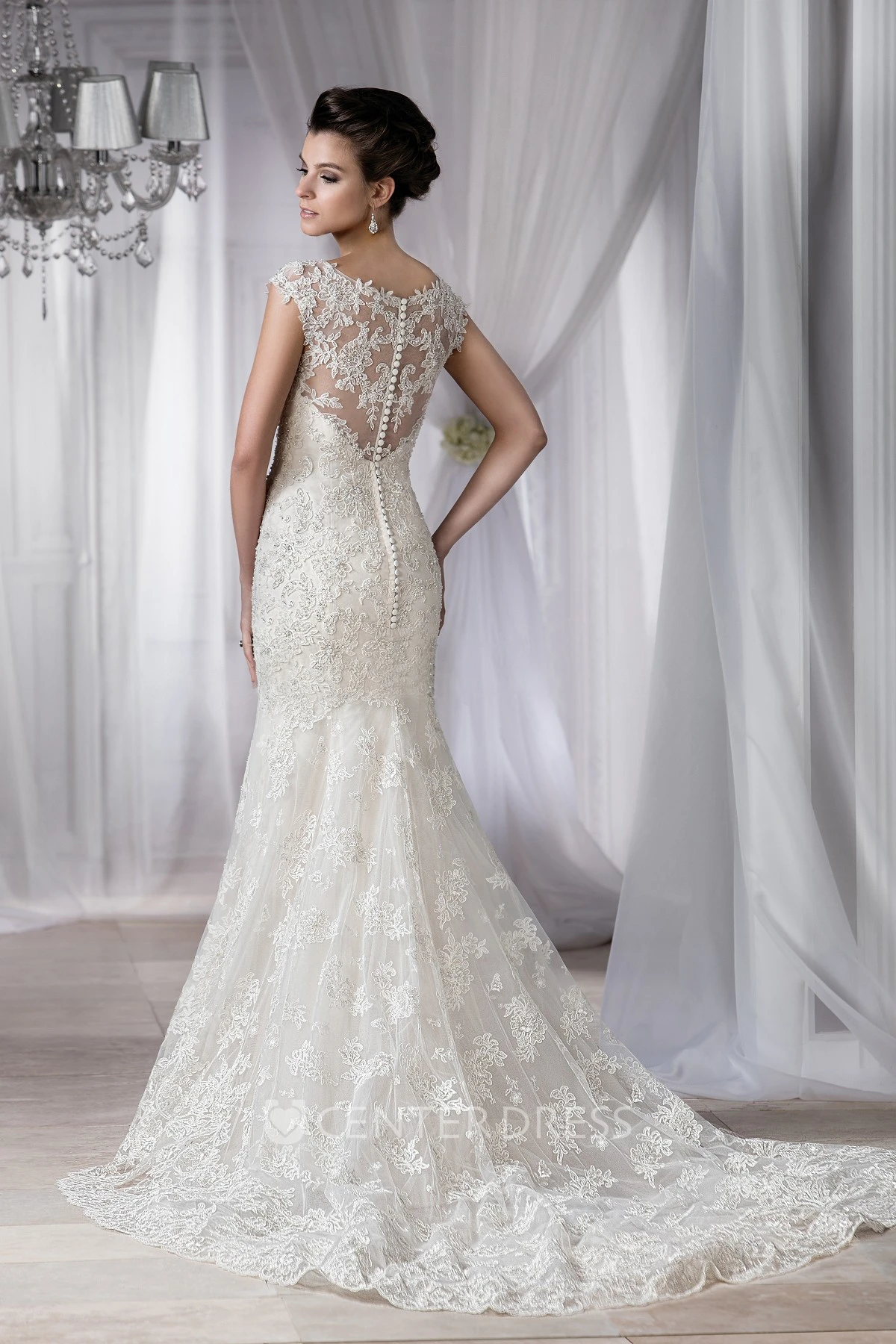 Cap-Sleeved V-Neck Mermaid Gown With Crystal Detail