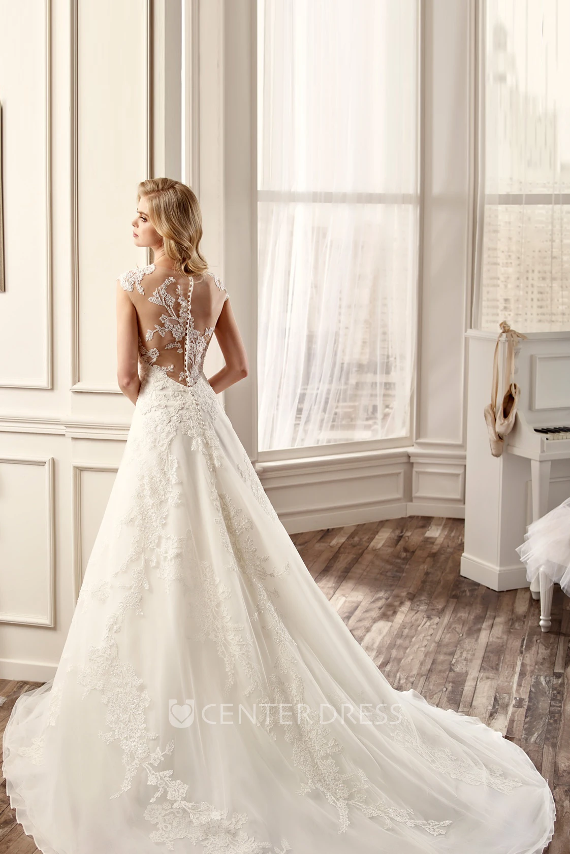 V-Neck A-Line Wedding Dress With Brush Train And Illusive Back
