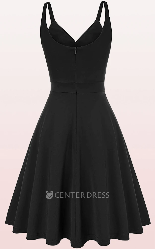 Casual Sleeveless A Line Jersey V-neck Prom Cocktail Dress With Ruffles
