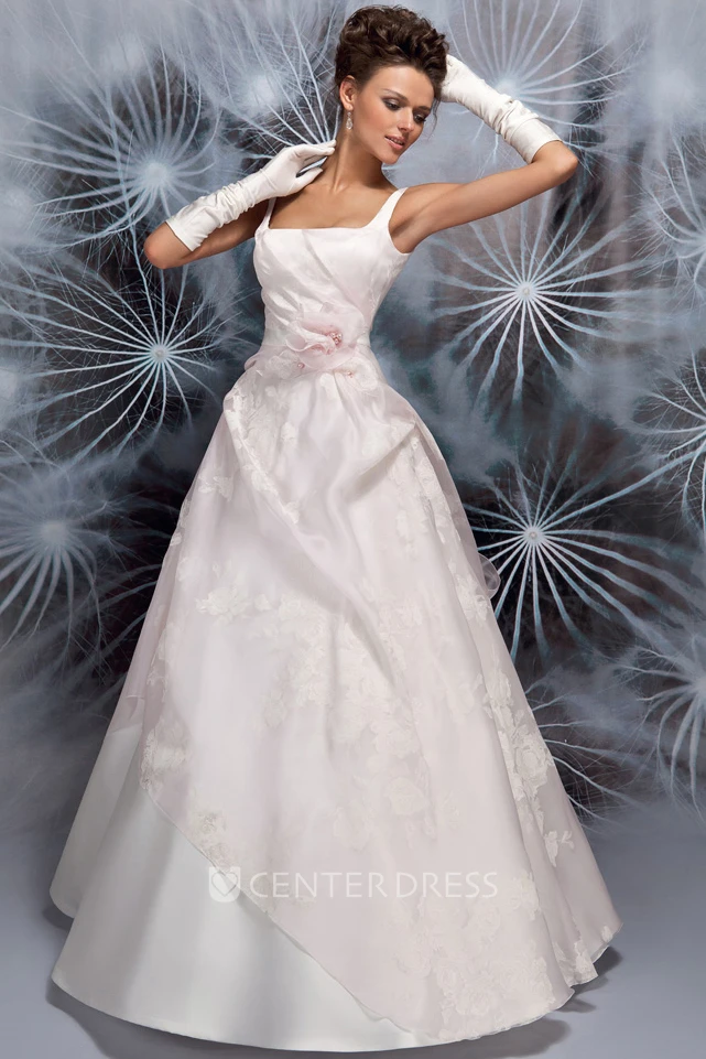 A-Line Sleeveless Long Ruffled Square Satin Wedding Dress With Pick Up And Flower