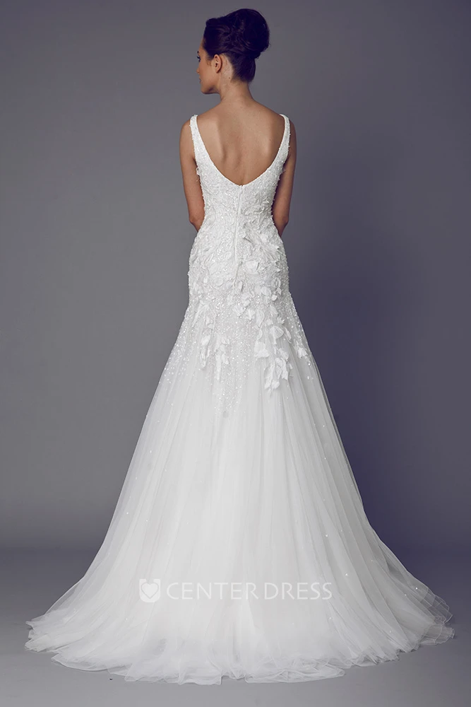 Long V-Neck Appliqued Tulle Wedding Dress With Sweep Train And V Back