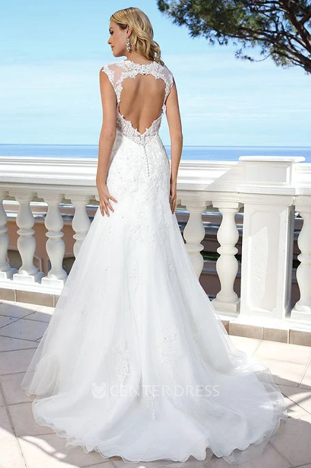 Floor-Length Straps Appliqued Lace Wedding Dress With Court Train And Keyhole