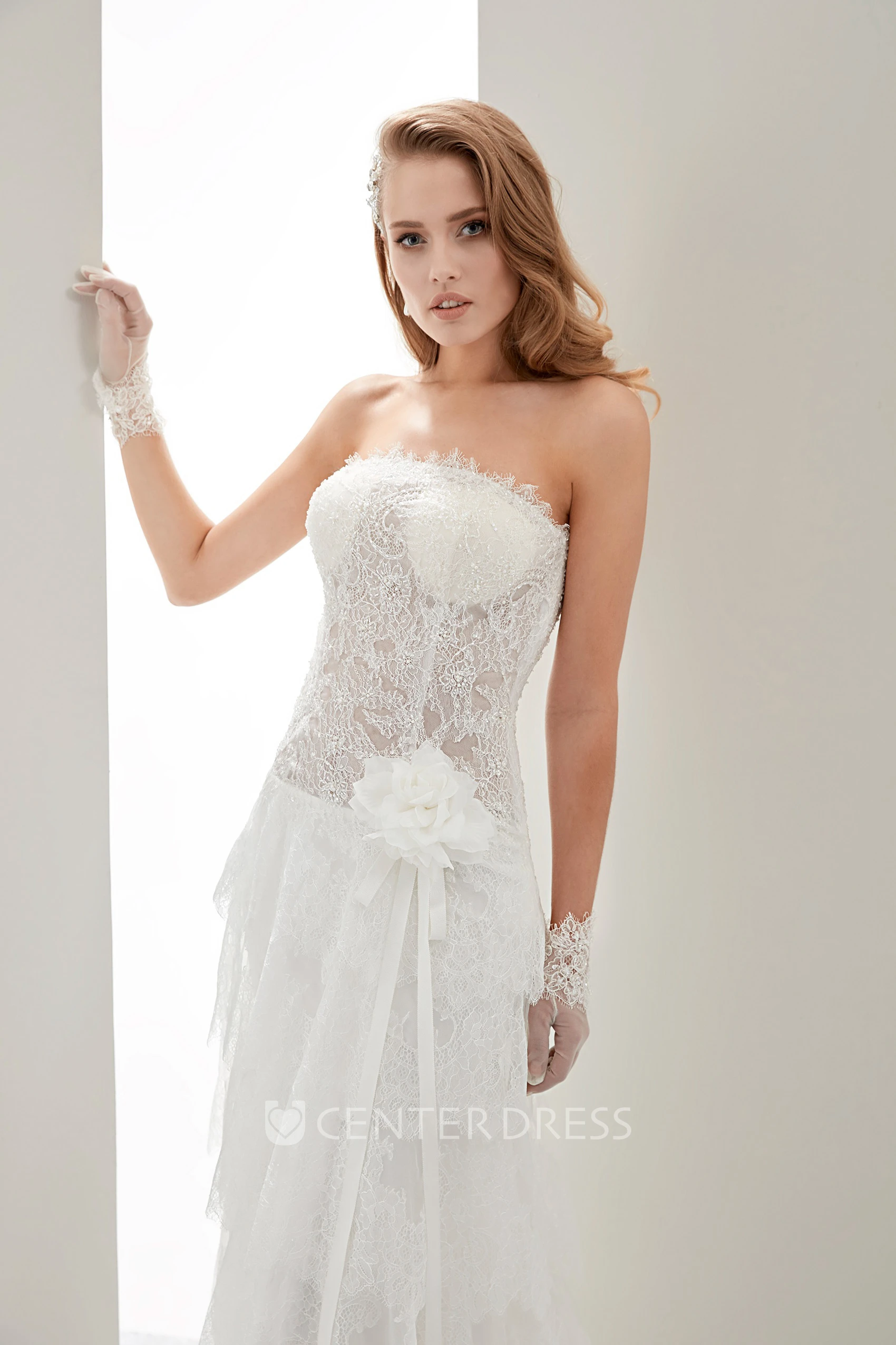 Strapless Flower Draping Wedding Gown with Lace Corset and Side-split Overlayer