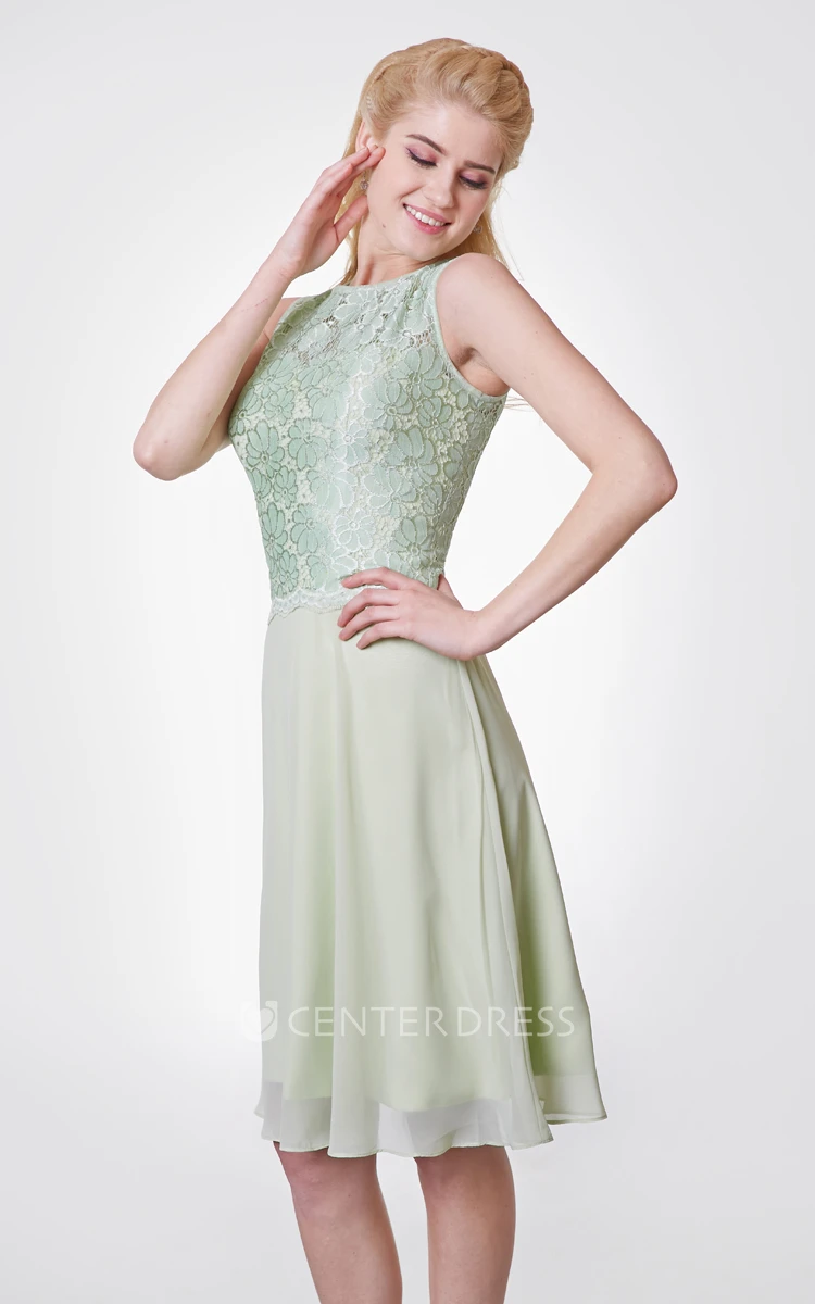 High Neck Knee Length Lace and Chiffon Bridesmaid Dress