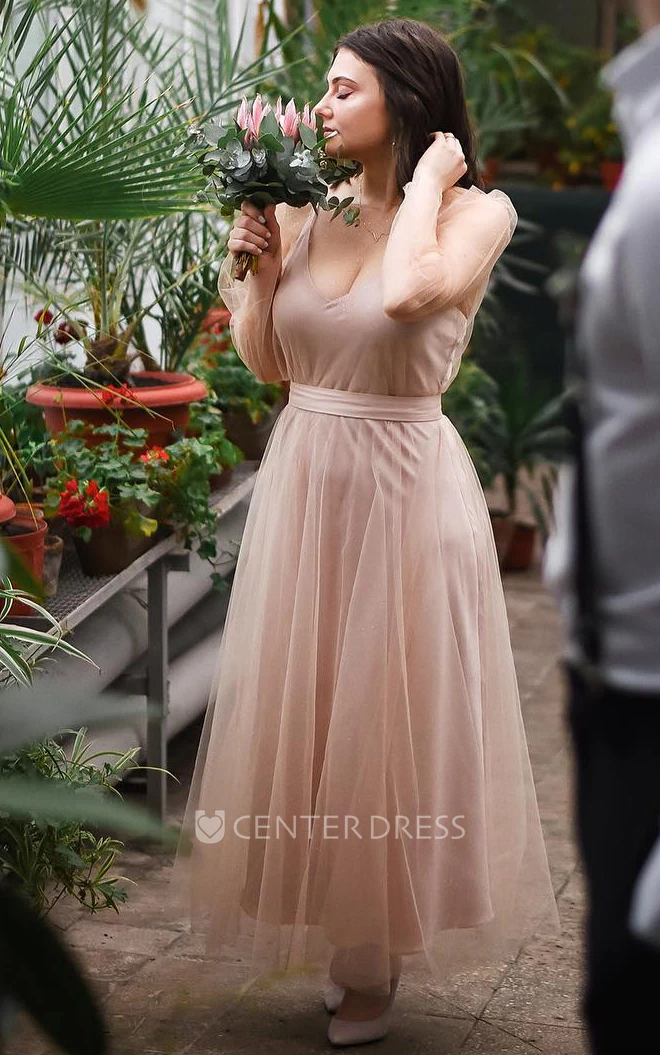Elegant A-Line Satin Tulle Prom Dress With Long Sleeve And Spaghetti Straps