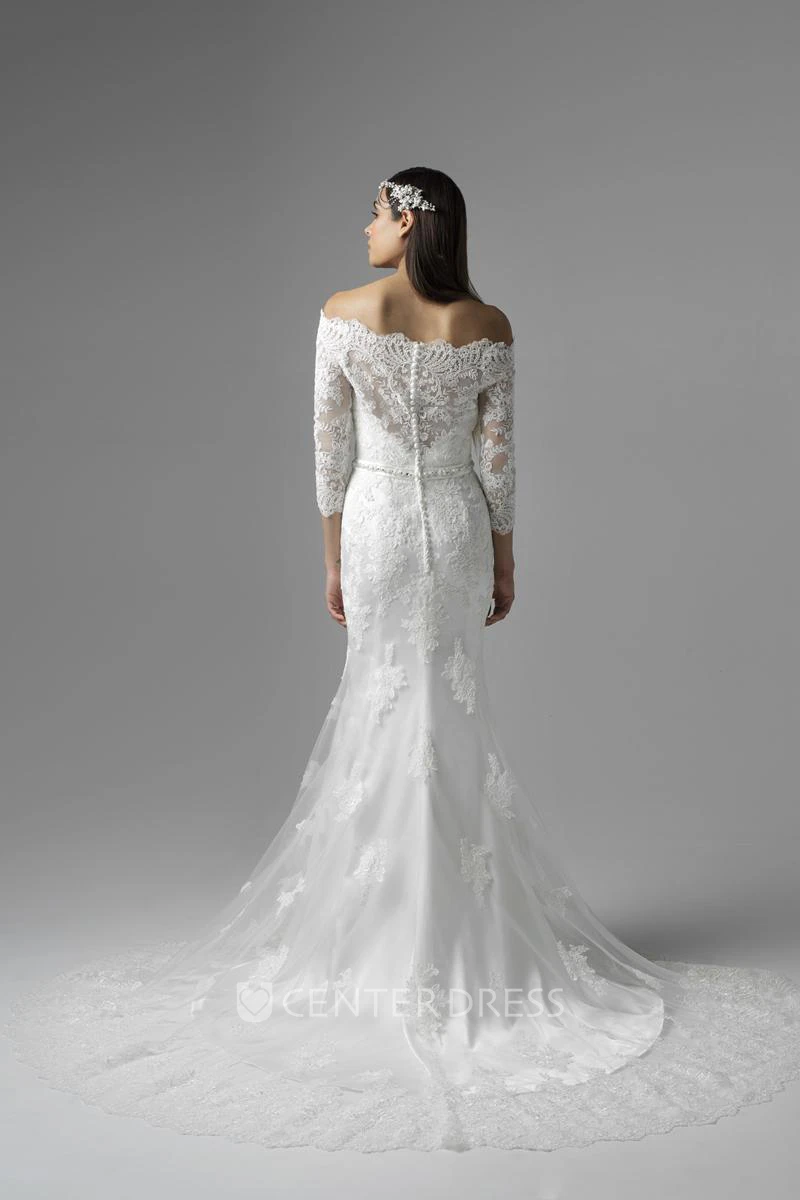 Floor-Length Jeweled Off-The-Shoulder 3-4 Sleeve Lace Wedding Dress