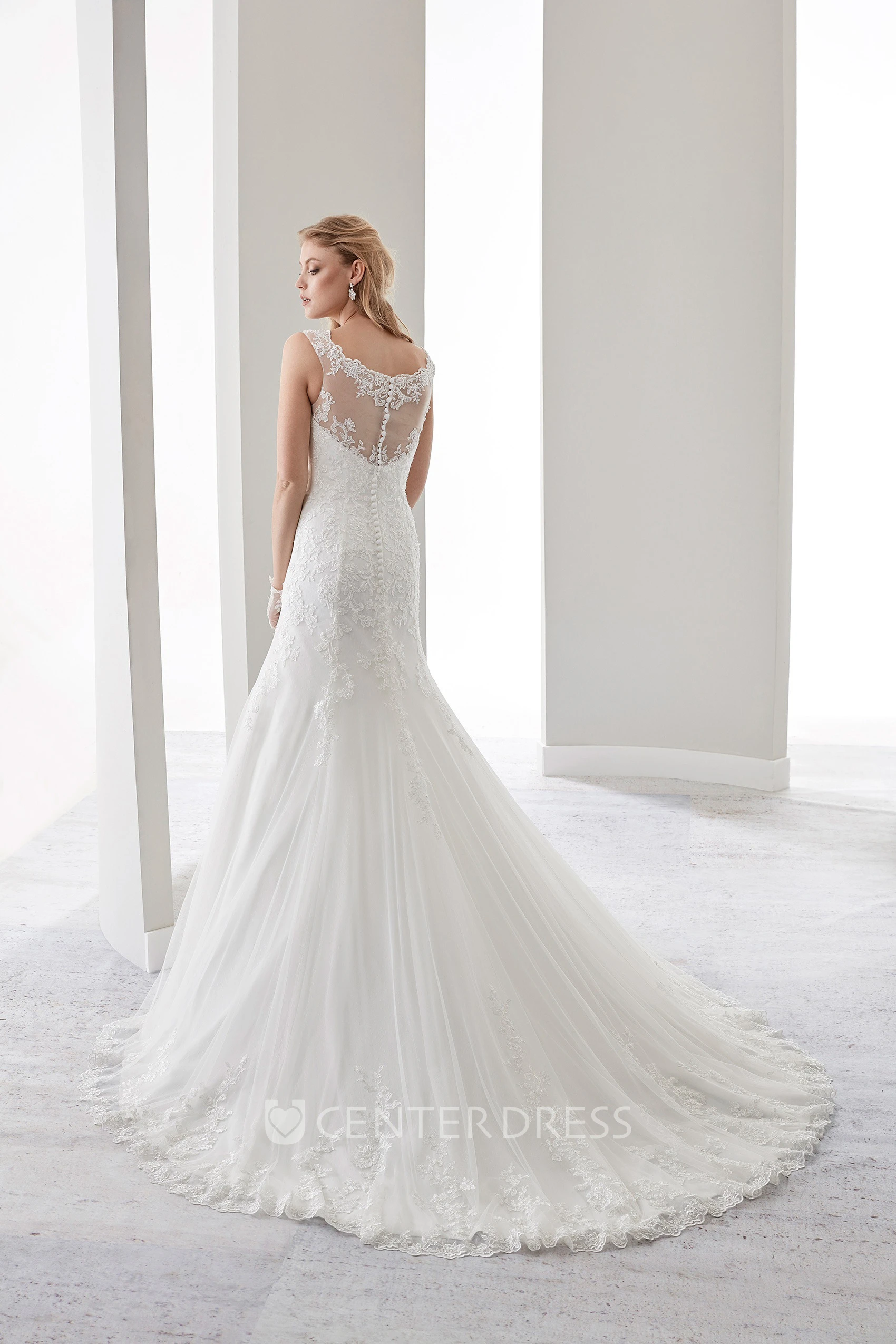 Scooped-Neck Brush-Train Lace Gown With Cap Sleeves And Illusive Neckline And Back
