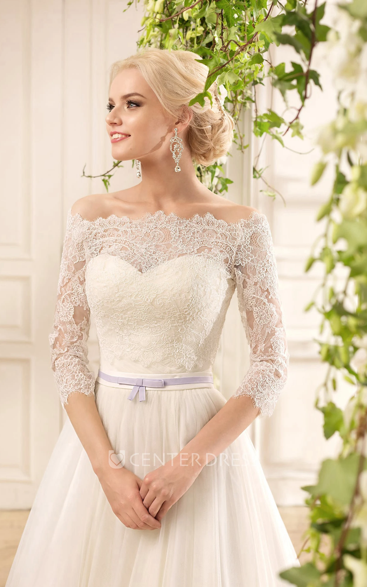 A-Line Floor-Length Off-The-Shoulder 3-4-Sleeve Illusion Tulle Lace Dress With Criss Cross And Pleats
