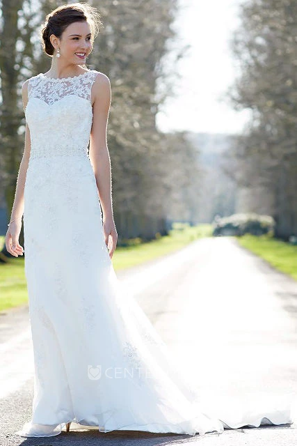 Maxi Scoop Appliqued Chiffon Wedding Dress With Sweep Train And V Back