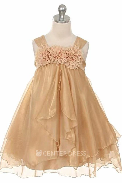 Straps Tea-Length Tiered Empire Chiffon Flower Girl Dress