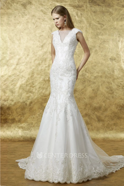 Trumpet Cap-Sleeve Appliqued Long Bateau Lace Wedding Dress With Low-V Back And Chapel Train