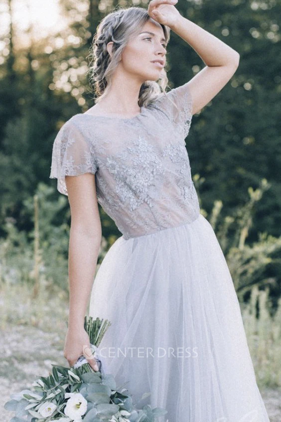 Simple Bohemian Lace Appliqued Tulle Wedding Dress With Open Back