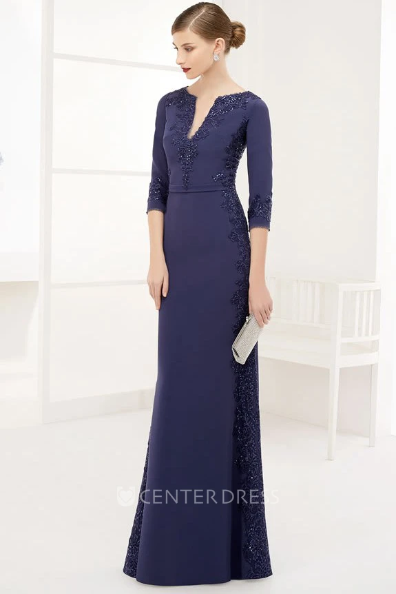Sheath Maxi Appliqued V-Neck 3-4-Sleeve Prom Dress With Beading