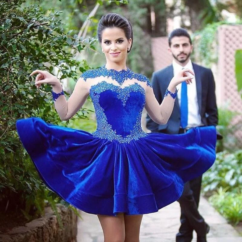 Delicate Long Sleeve Royal Blue Short Homecoming Dress Appliques