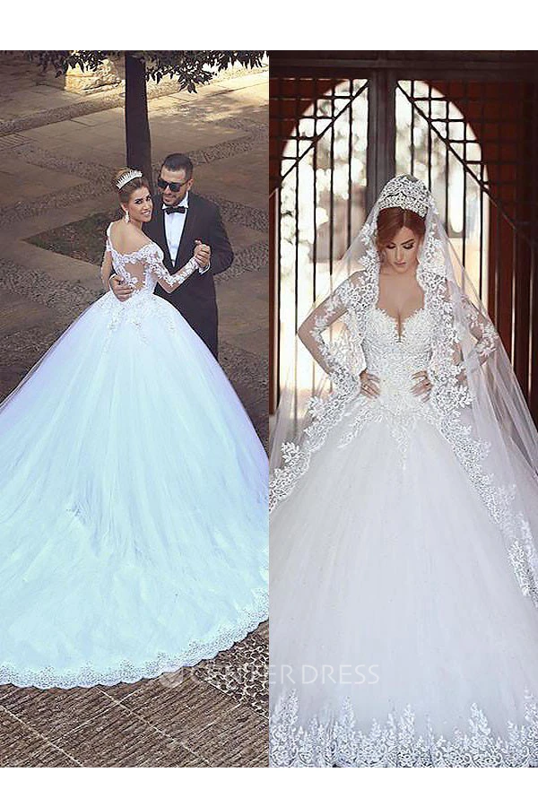 Ball Gown Off-the-shoulder Lace Tulle Zipper Illusion Wedding Gown