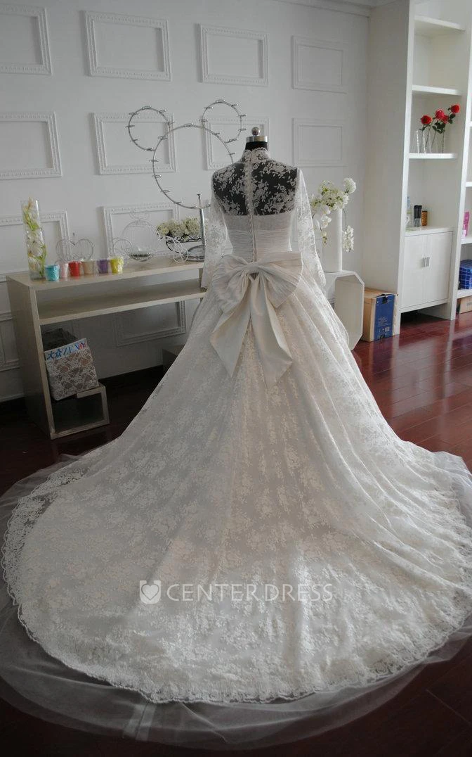 A-Line High Neck Long Sleeve Bell Illusion Bow Beading Appliques Illusion Zipper Illusion Lace-Up Back Chiffon Tulle Lace Sequins Organza Satin Taffeta Dress