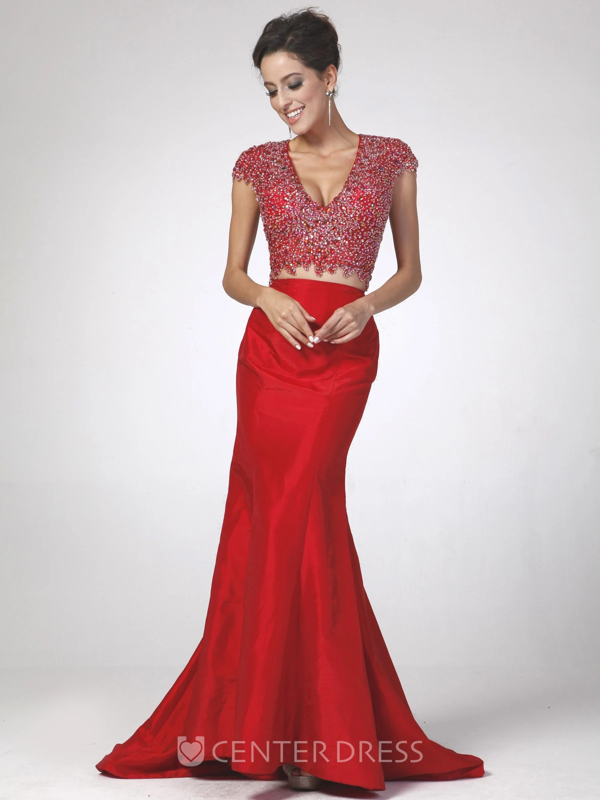 Trumpet V-Neck Cap-Sleeve Satin Keyhole Dress With Beading