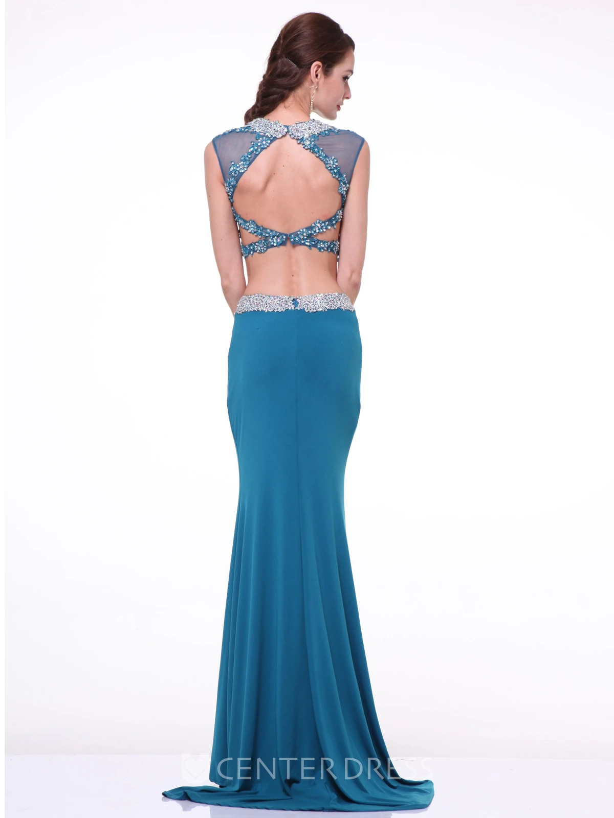 Two-Piece Pencil Long Jewel-Neck Sleeveless Jersey Keyhole Dress With Beading