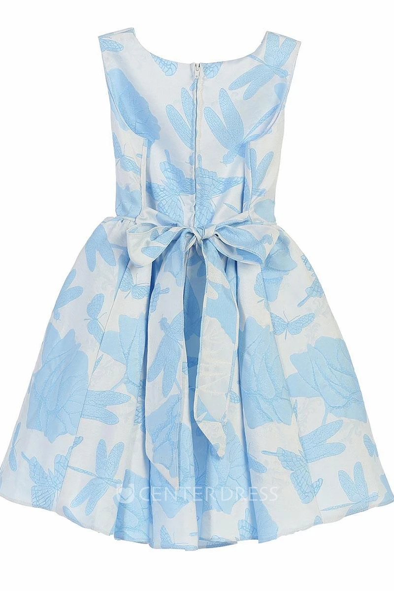 Embroideried Tea-Length Floral Bowed Flower Girl Dress With Ribbon