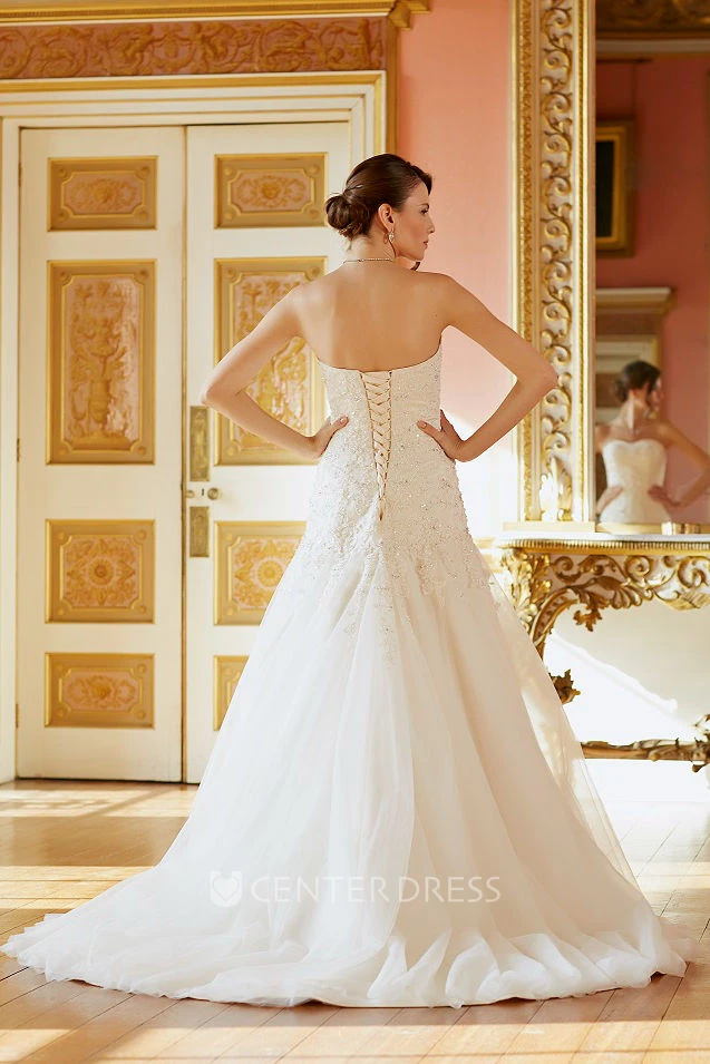 Long Strapless Beaded Sleeveless Tulle Wedding Dress