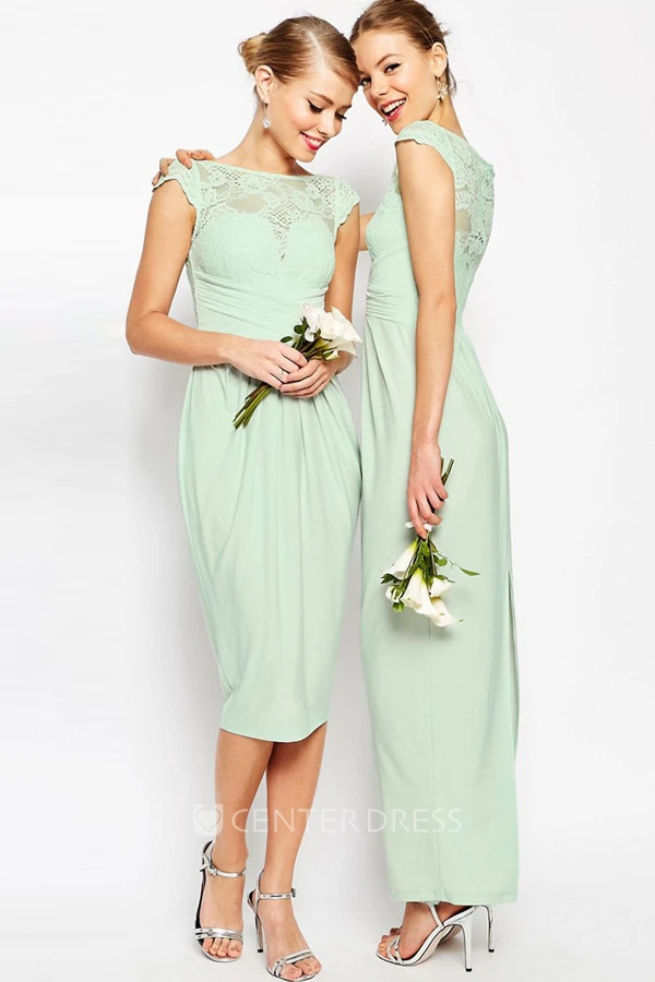Sheath Ankle-Length Bateau Neck Cap Sleeve Lace Chiffon Bridesmaid Dress
