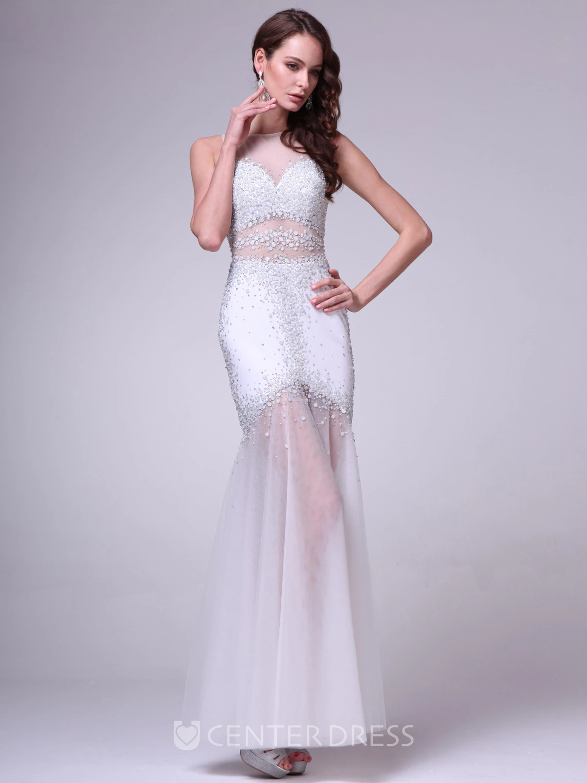 Illusion Mermaid Ankle-Length Jewel-Neck Sleeveless Tulle Keyhole Dress With Beading