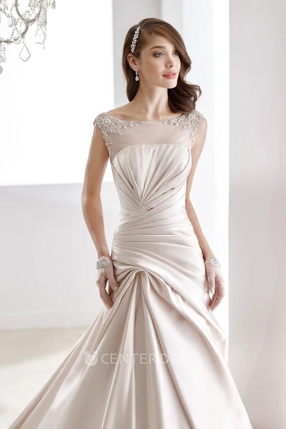 Cap Sleeve Beaded Satin Gown With Pleated Design And Illusive Neckline And Back