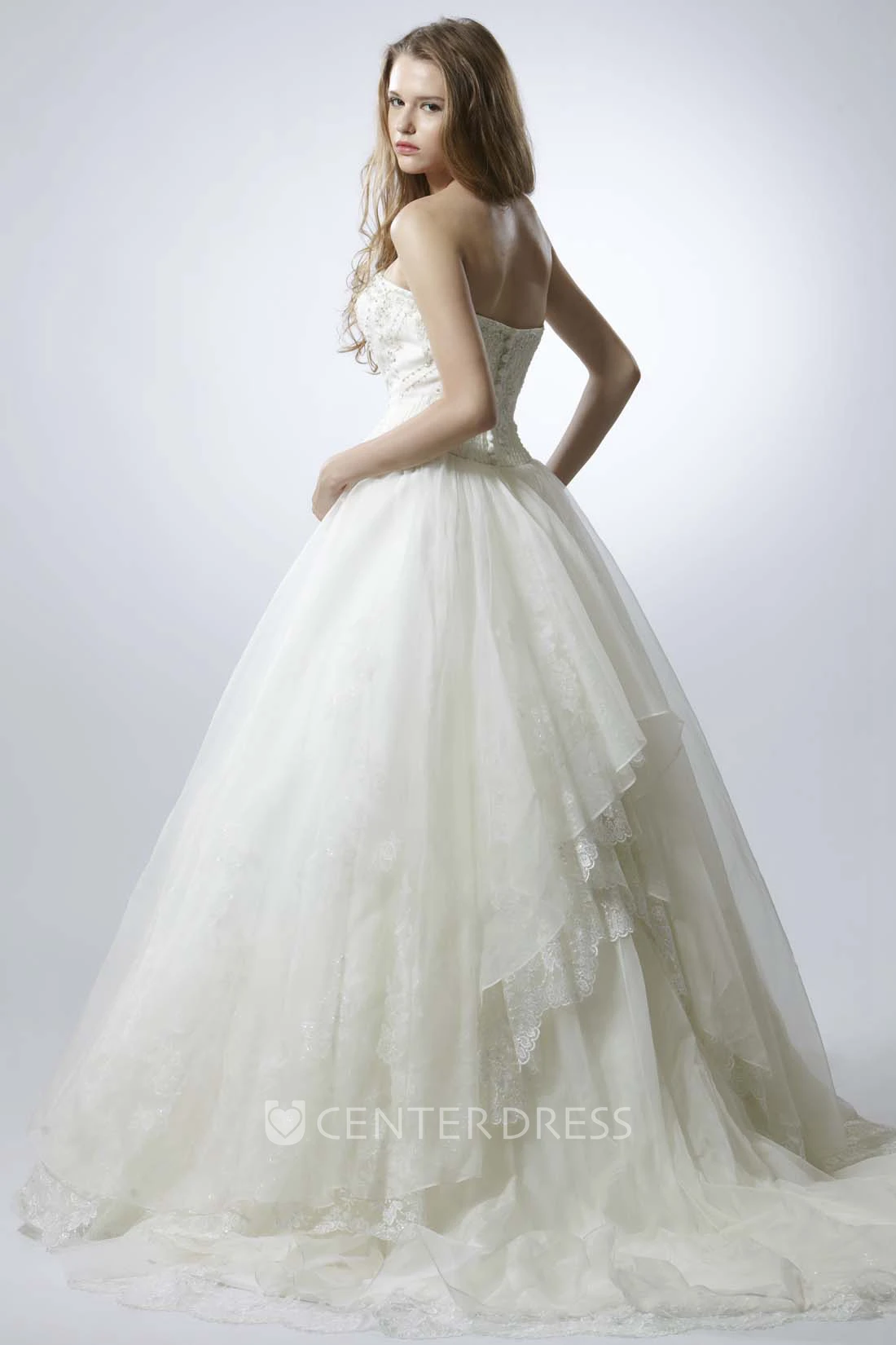 Strapless Floor-Length Beaded Appliqued Tulle Wedding Dress With Pleats And V Back