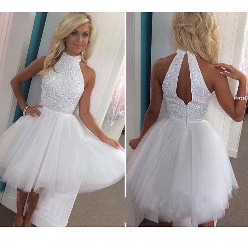 Gorgeous Sleeve High-Neck Homecoming Dress Short White Tulle Gowns