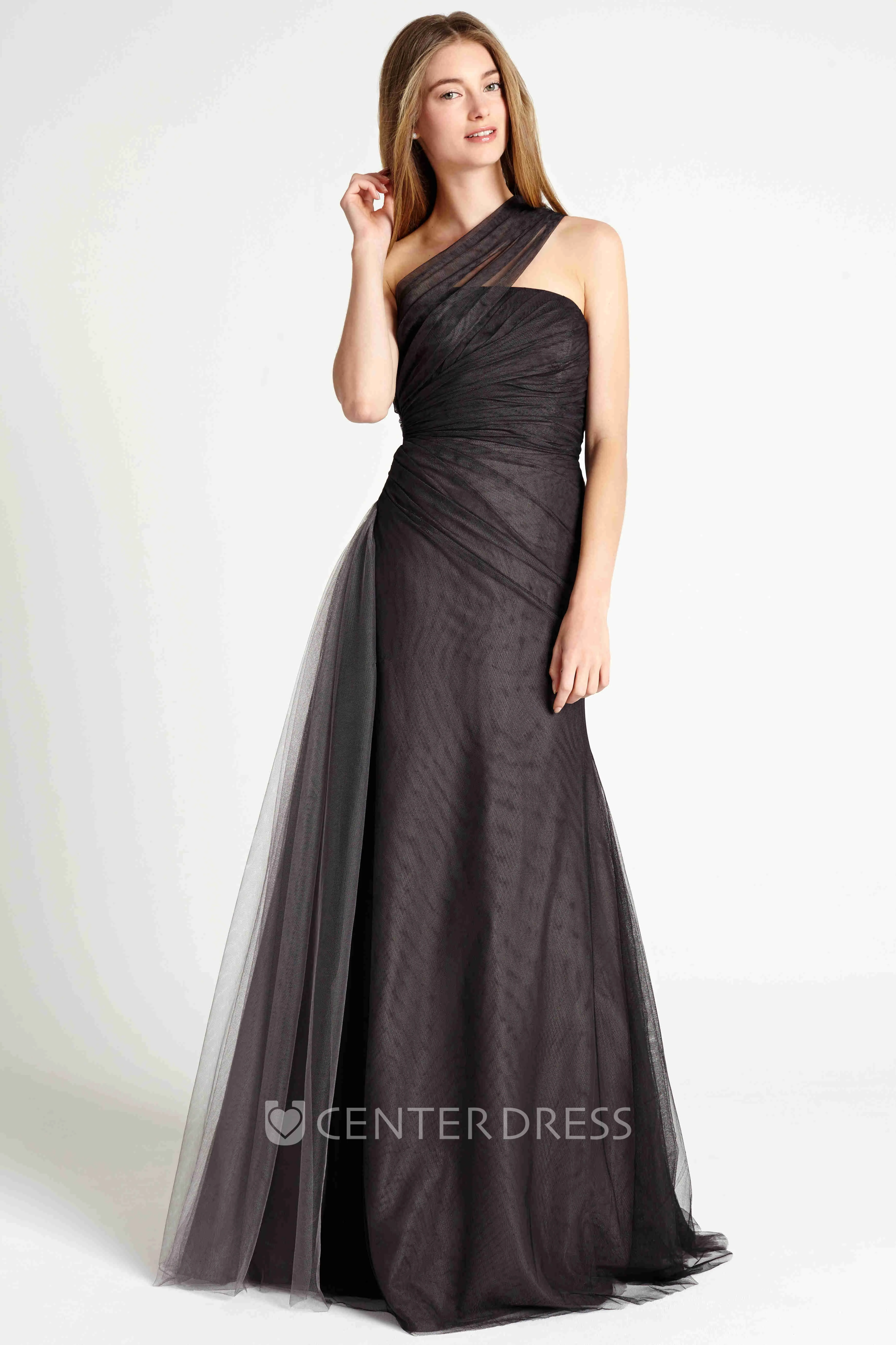 Floor-Length One-Shoulder Sleeveless Ruched Tulle Bridesmaid Dress