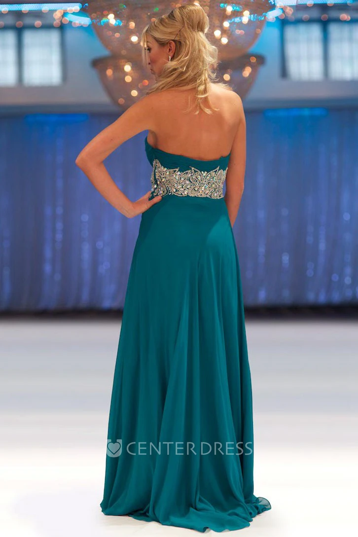 Sheath Long Sweetheart Criss-Cross Sleeveless Chiffon Prom Dress With Waist Jewellery And Pleats
