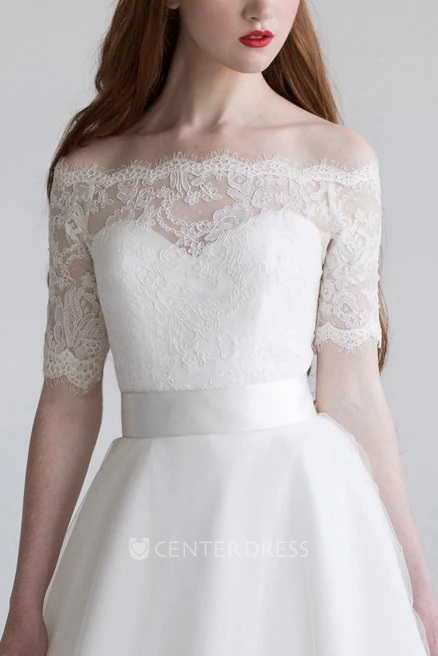 Ball Gown Floor-Length Appliqued Short-Sleeve Off-The-Shoulder Tulle&Satin Spring Wedding Dress With Bow