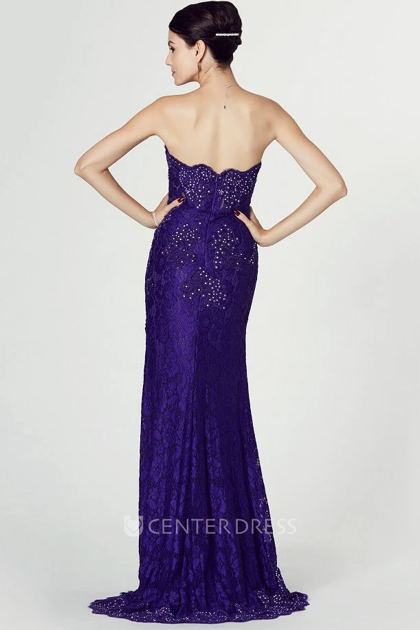 Strapless Beaded Lace Prom Dress With Appliques And Split Front