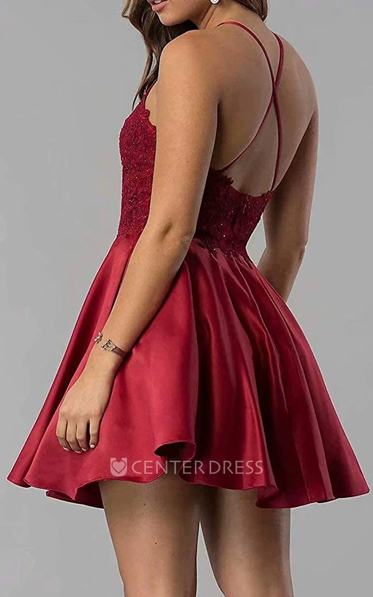 Adorable A Line Satin Lace Jewel Sleeveless Homecoming Dress with Pleats