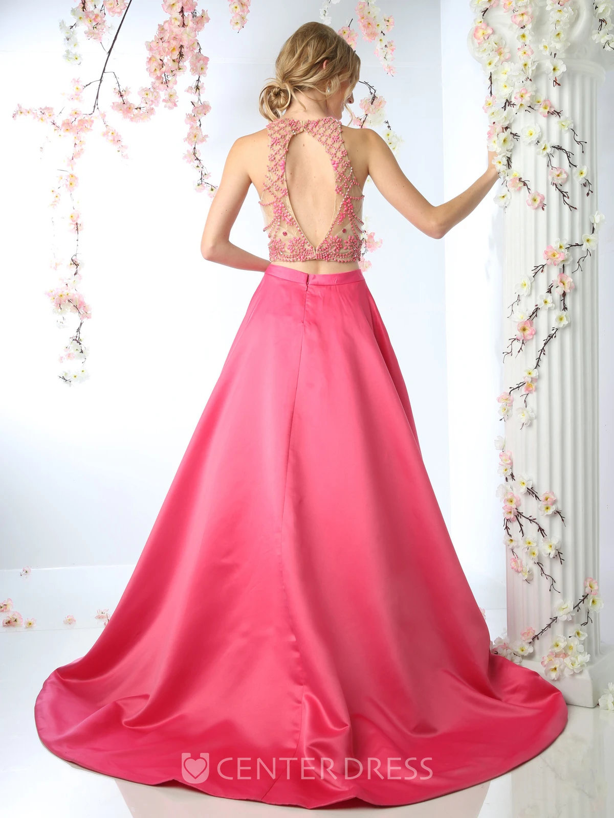 Ball Gown Jewel-Neck Sleeveless Satin Court Train Keyhole Dress With Beading