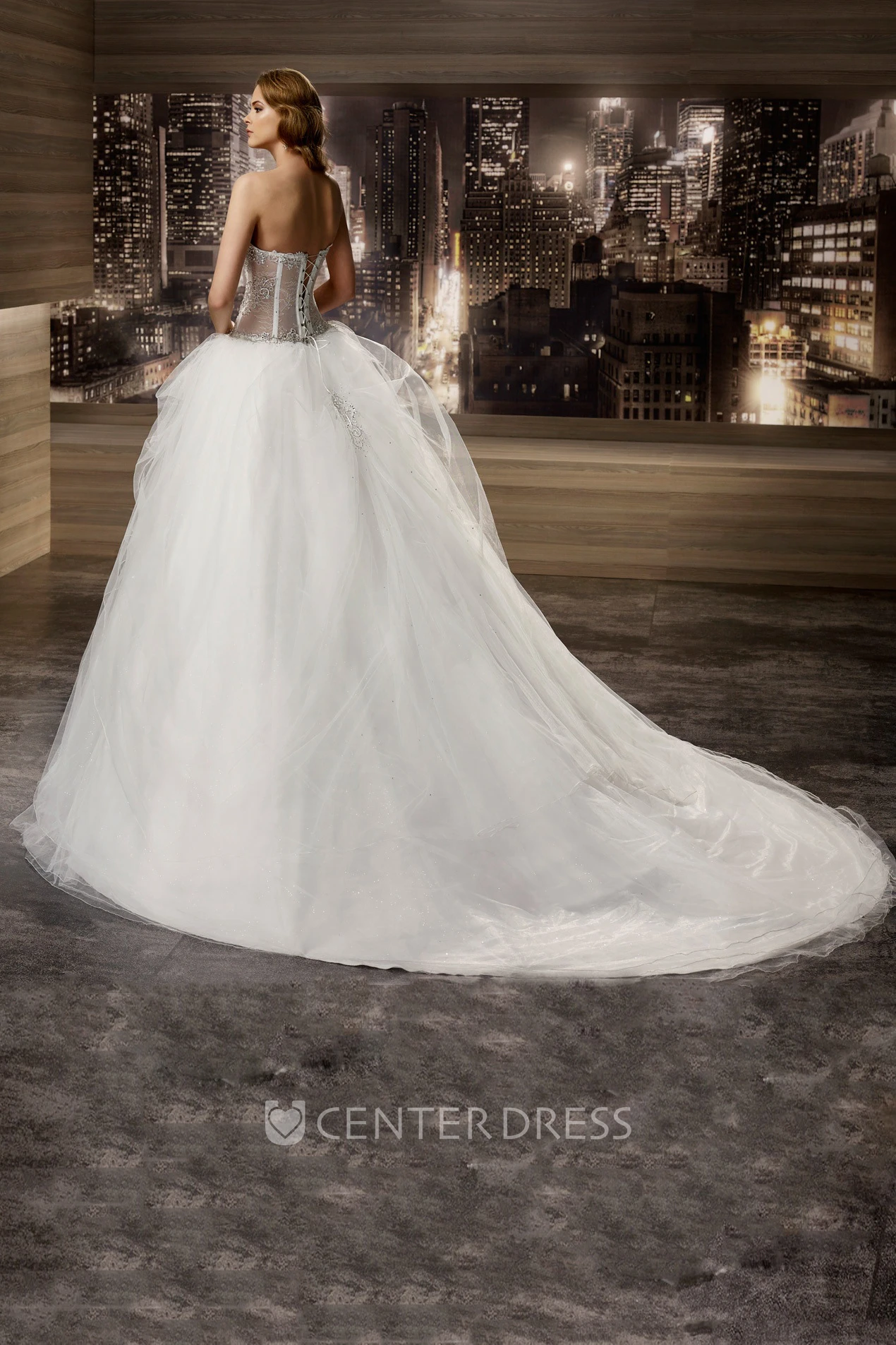 V-neck Floral Cap sleeve Wedding Gown with Lace Corset and Asymmetrical  Ruffles and Lace-up Back - UCenter Dress