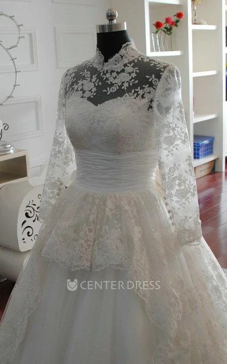 A-Line High Neck Long Sleeve Bell Illusion Bow Beading Appliques Illusion Zipper Illusion Lace-Up Back Chiffon Tulle Lace Sequins Organza Satin Taffeta Dress
