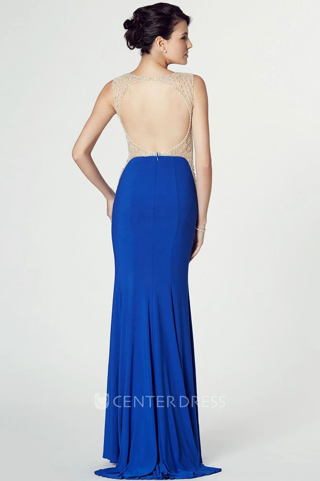 Scoop Neck Sleeveless Beaded Jersey Prom Dress With Brush Train