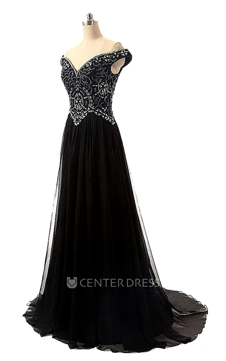 Off-the-shoulder A-line Chiffon Dress With Beaded Bodice