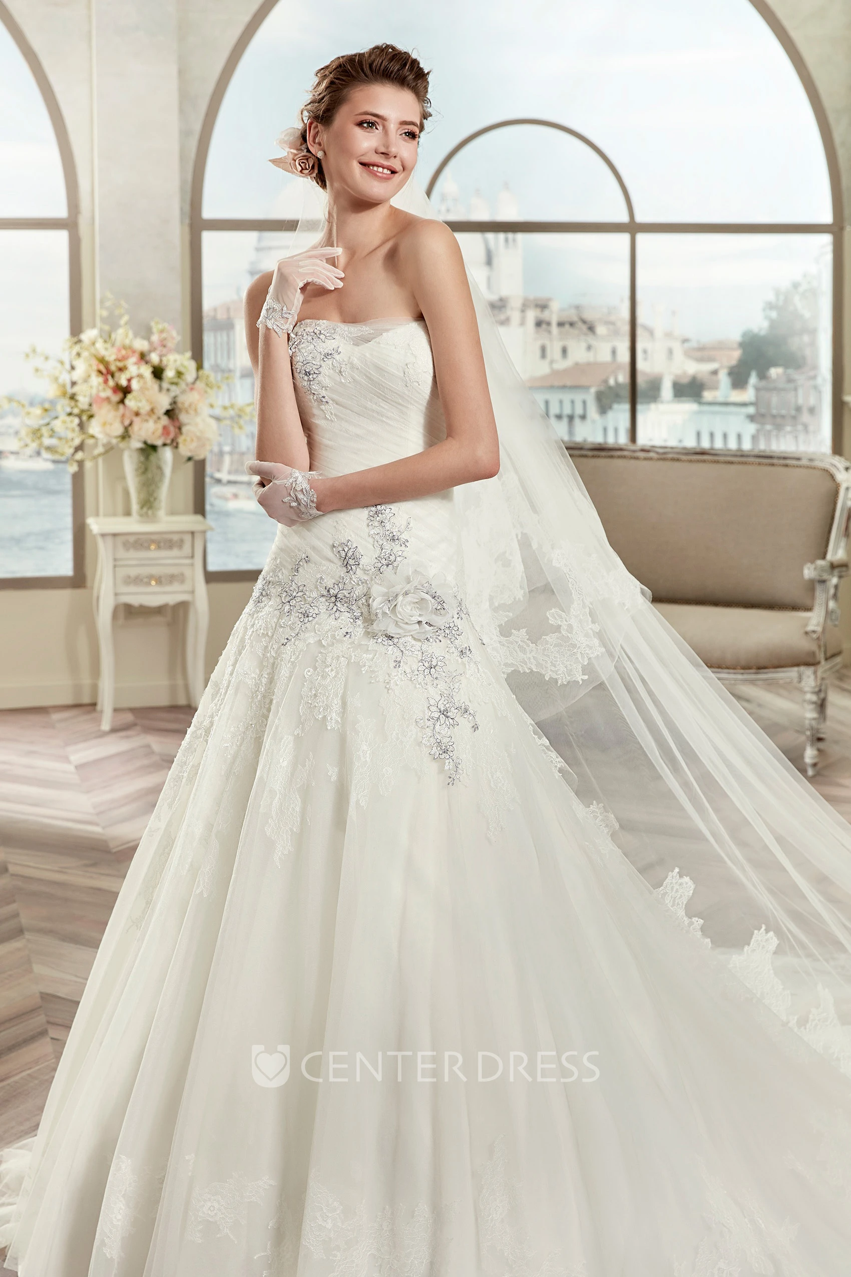 Strapless A-Line Pleated Bridal Gown With Fine Appliques And Court Train