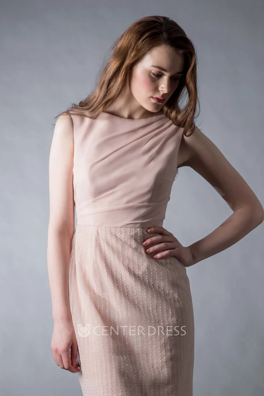 Mini Pencil Jewel Neck Sleeveless Chiffon Bridesmaid Dress With Low-V Back