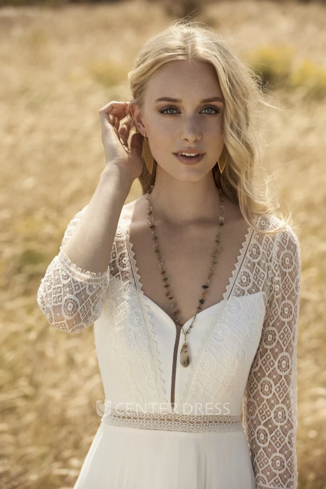3/4 Sleeve With Lace Top And Keyhole Back Chiffon Elegant Wedding Dress