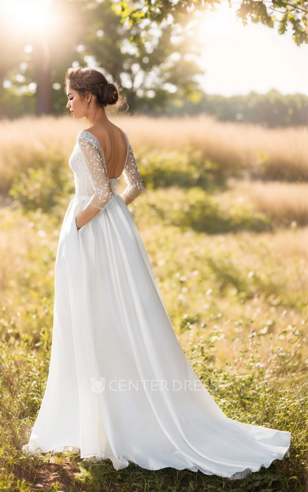 Vintage A-Line Appliques Winter Wedding Dress with Open Back Court Train
