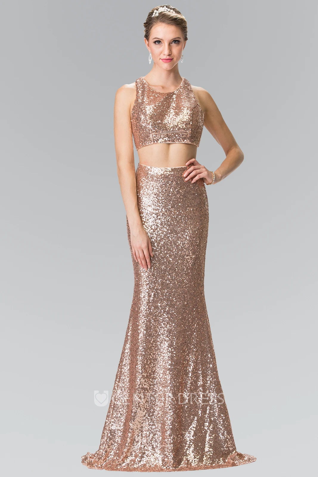 Two-Piece Sheath Maxi Scoop-Neck Sleeveless Sequins Zipper Dress