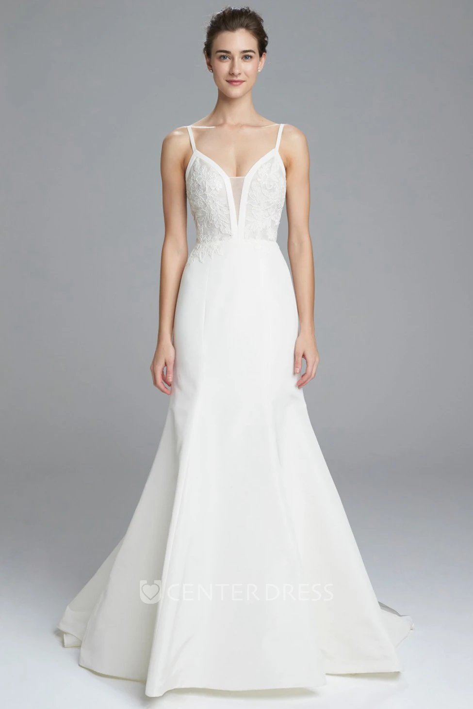 A-Line Sleeveless Lace Spaghetti Long Satin Wedding Dress