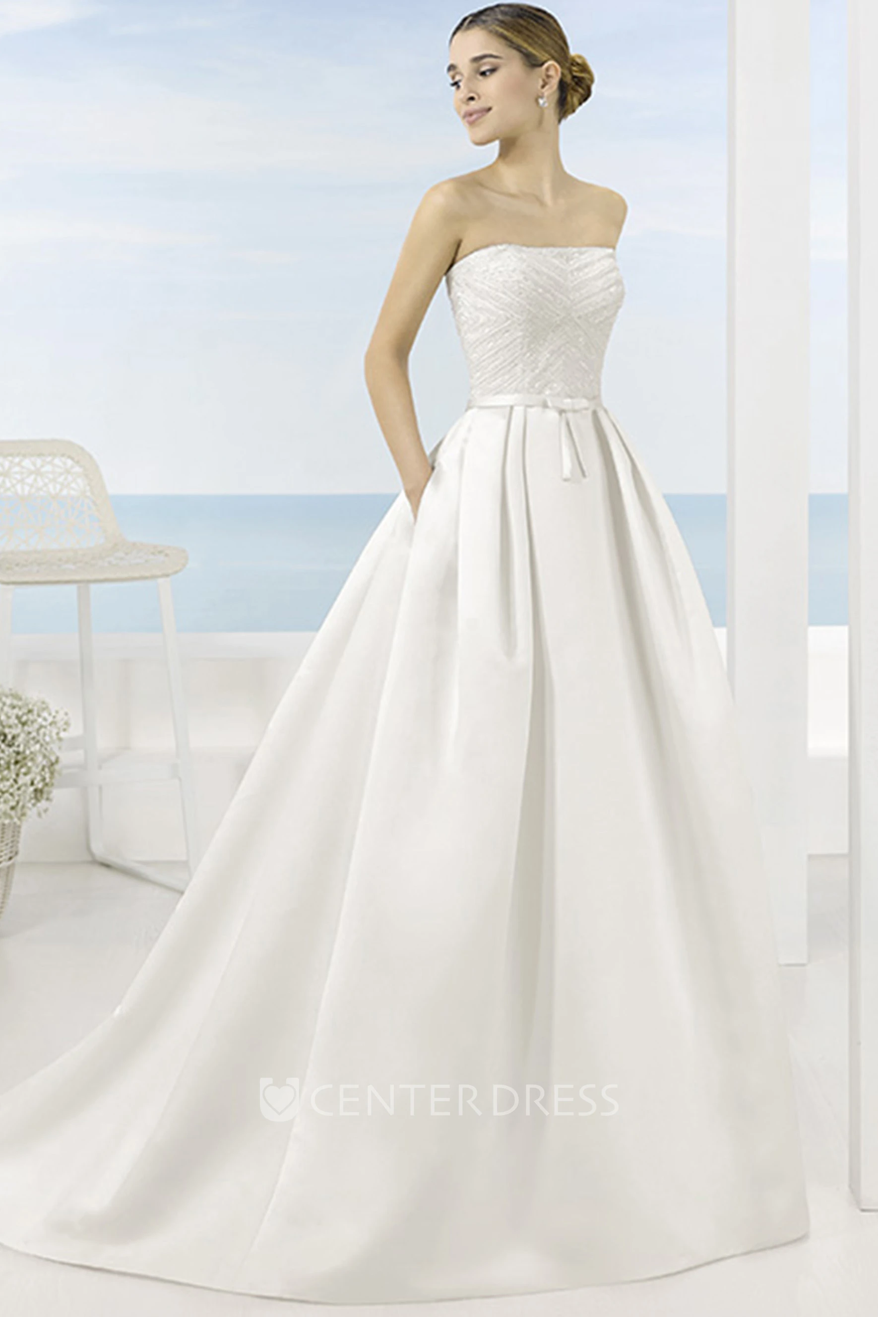 A-Line Beaded Long Sleeveless Strapless Satin Wedding Dress With Chapel Train And Low-V Back