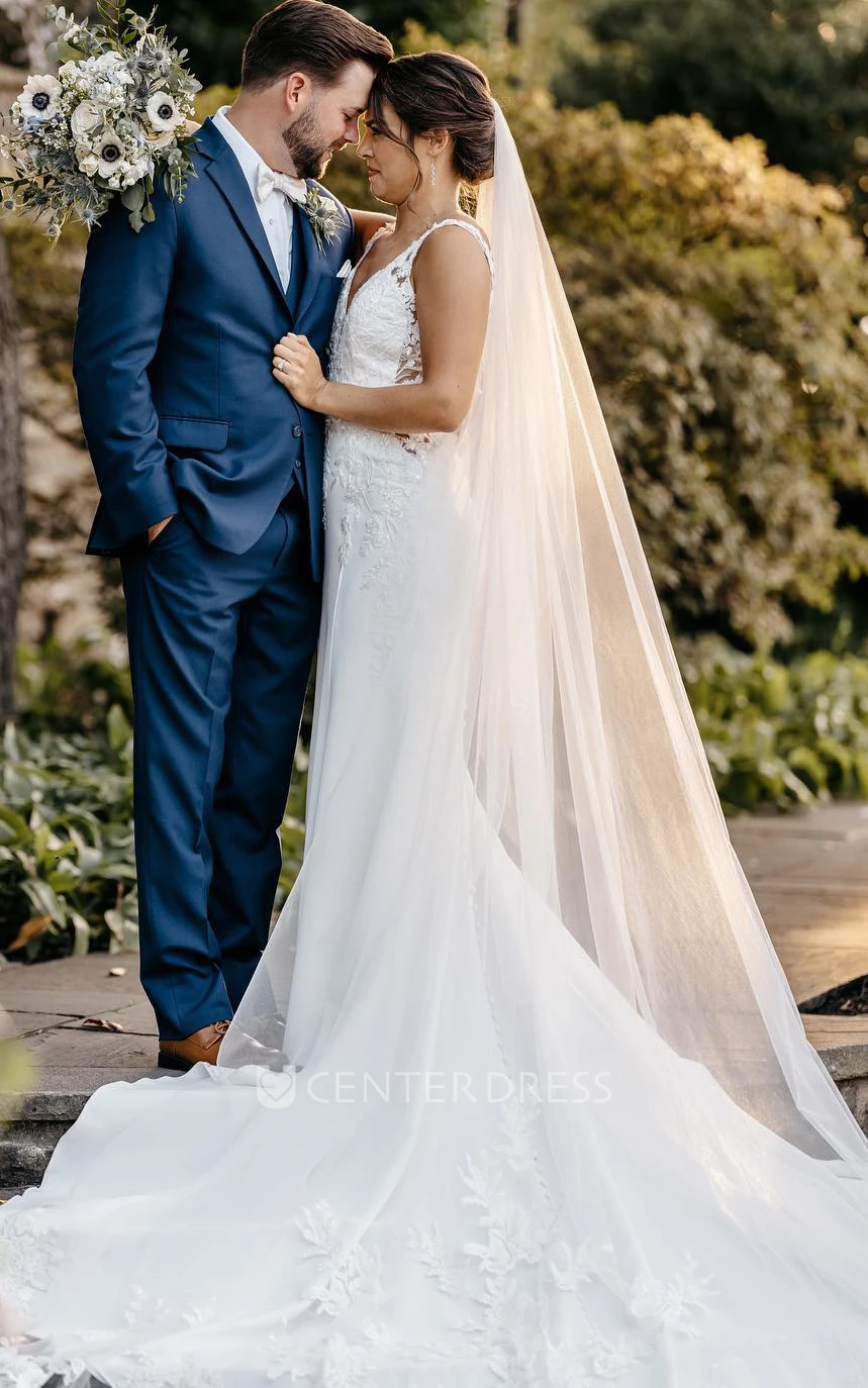 Elegant Mermaid Garden Wedding Dress with Applique Straps Court Train Button Back